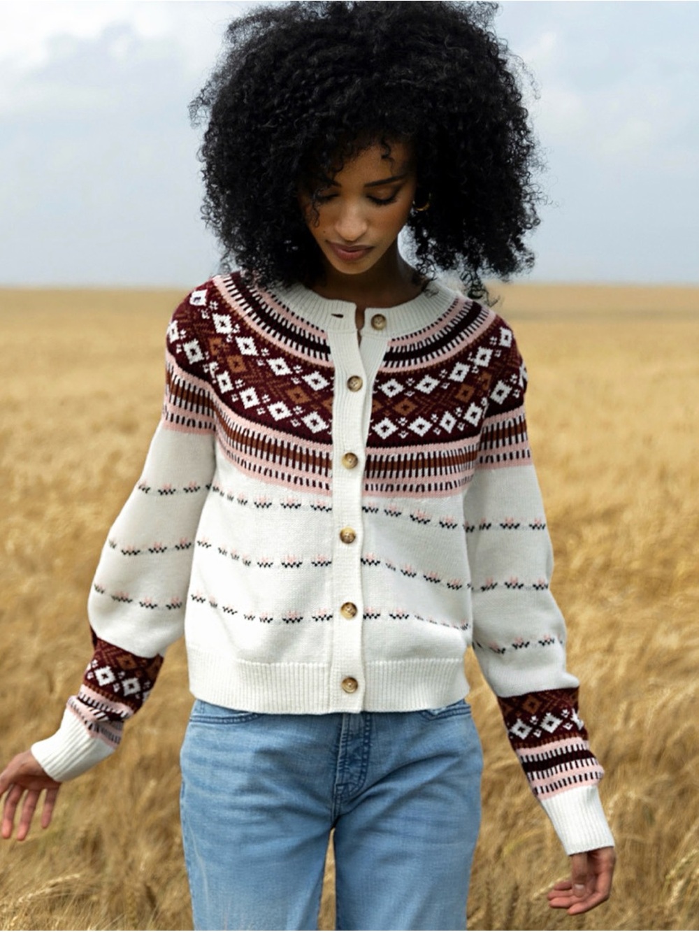 NWT Cream and Burgundy Fair Isle Button-Up Sweater Cardigan